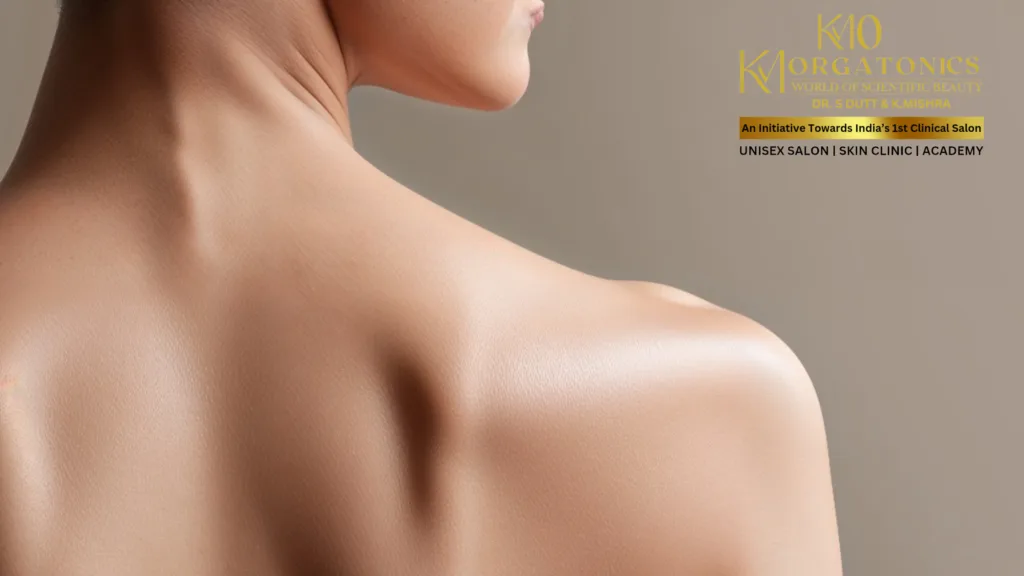 Smooth, flawless back showcasing the results of KM Orgatonics back peel treatment. Reveal radiant, healthy skin with our clinical salon services.