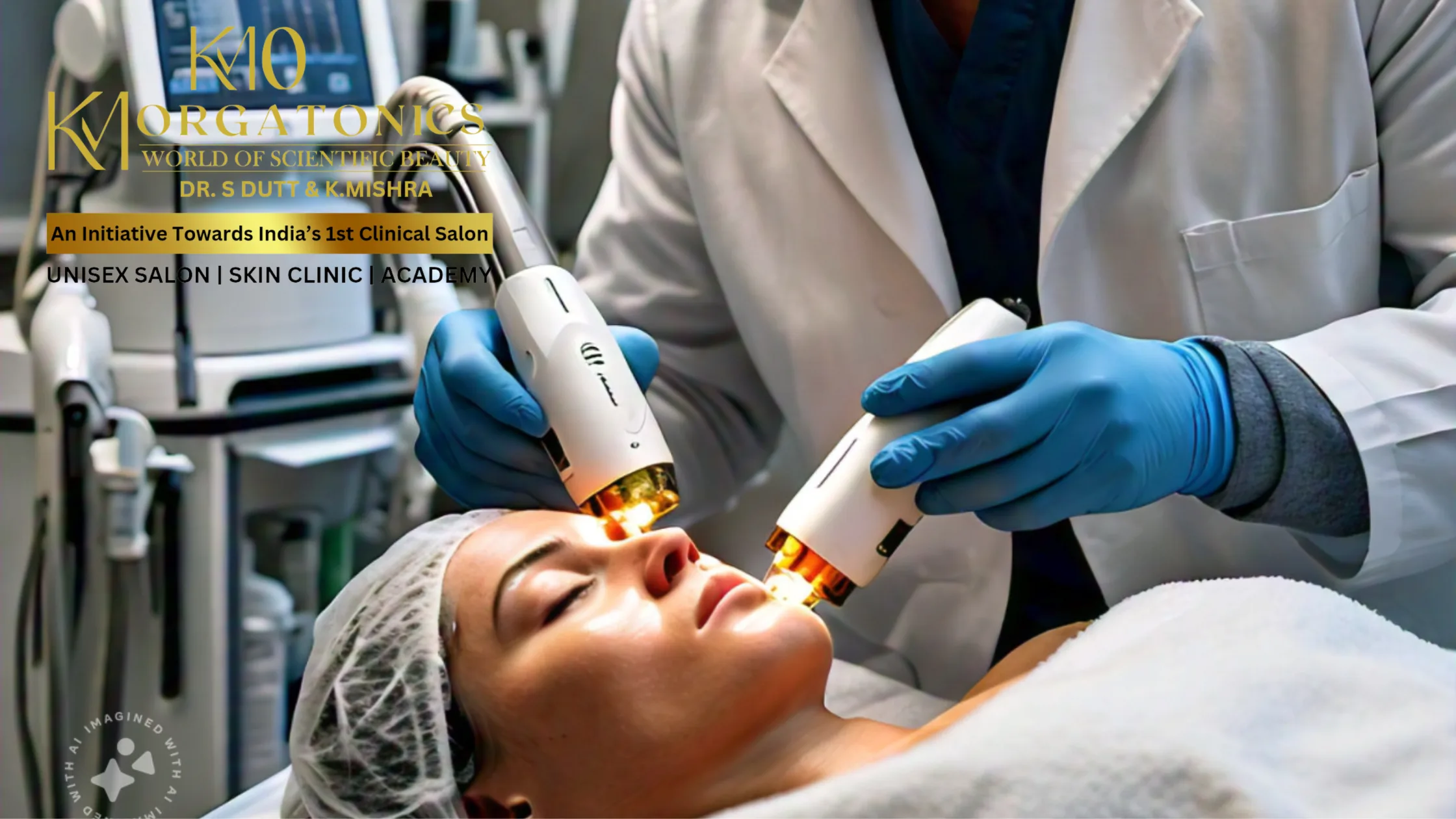 A technician at KM Orgatonics performing a carbon peel treatment using a laser device, highlighting the professional and advanced skincare services offered.