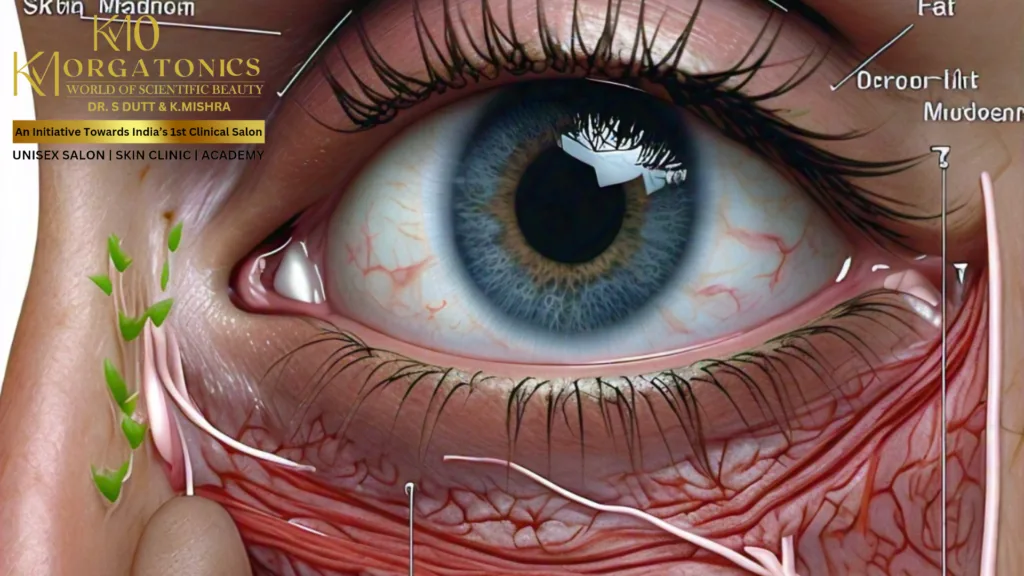A detailed anatomical illustration of the eye area, highlighting the underlying structures and blood vessels relevant to dark circle formation. KM Orgatonics in Gorakhpur offers effective treatments to address dark circles.