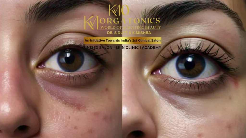 Before & after images showcasing the effectiveness of dark circle treatment at KM Orgatonics in Gorakhpur. The left image shows visible dark circles, while the right image reveals a brighter, more even under-eye area after treatment.
