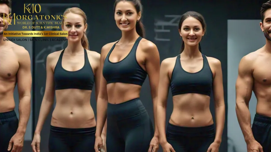 Four fit individuals, two men and two women, stand confidently in a gym setting, showcasing the results achieved through KM Orgatonics' non-surgical body sculpting treatments.