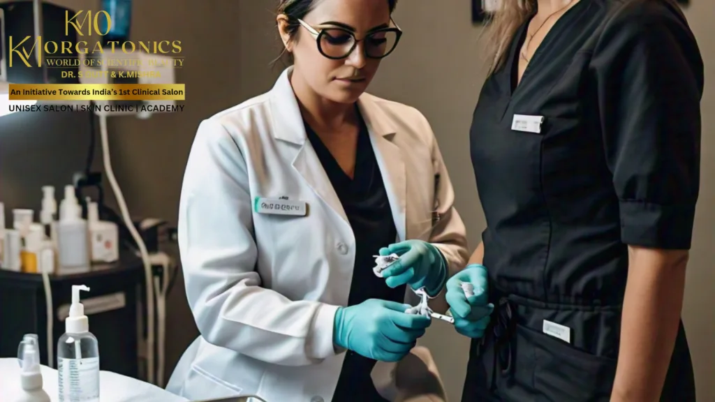 A skilled clinician at KM Orgatonics prepares a treatment, highlighting the professional and clinical approach to beauty services.