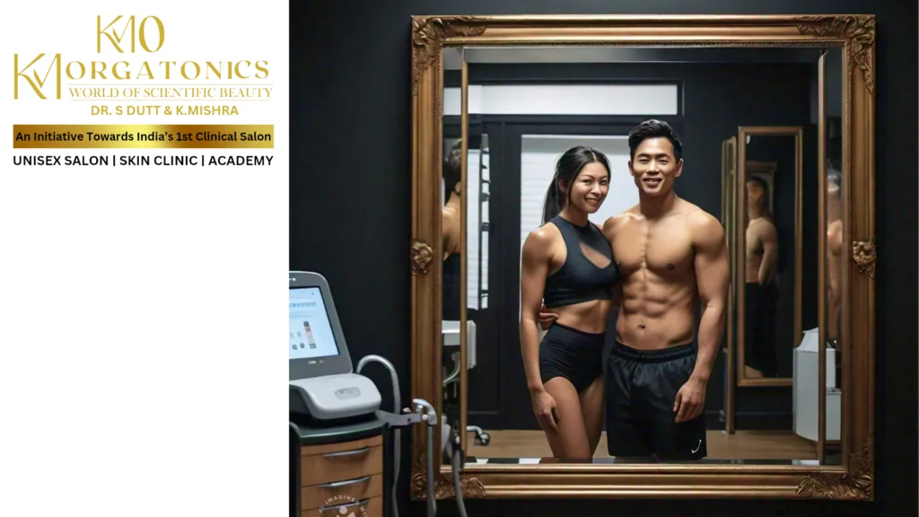 A fit couple admires their physiques in a mirror at KM Orgatonics, showcasing the results achievable with InstaSculpt body contouring.