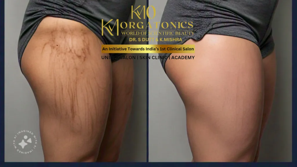 Before-and-after images of a thigh demonstrate significant improvement in the appearance of stretch marks after treatment at KM Orgatonics.